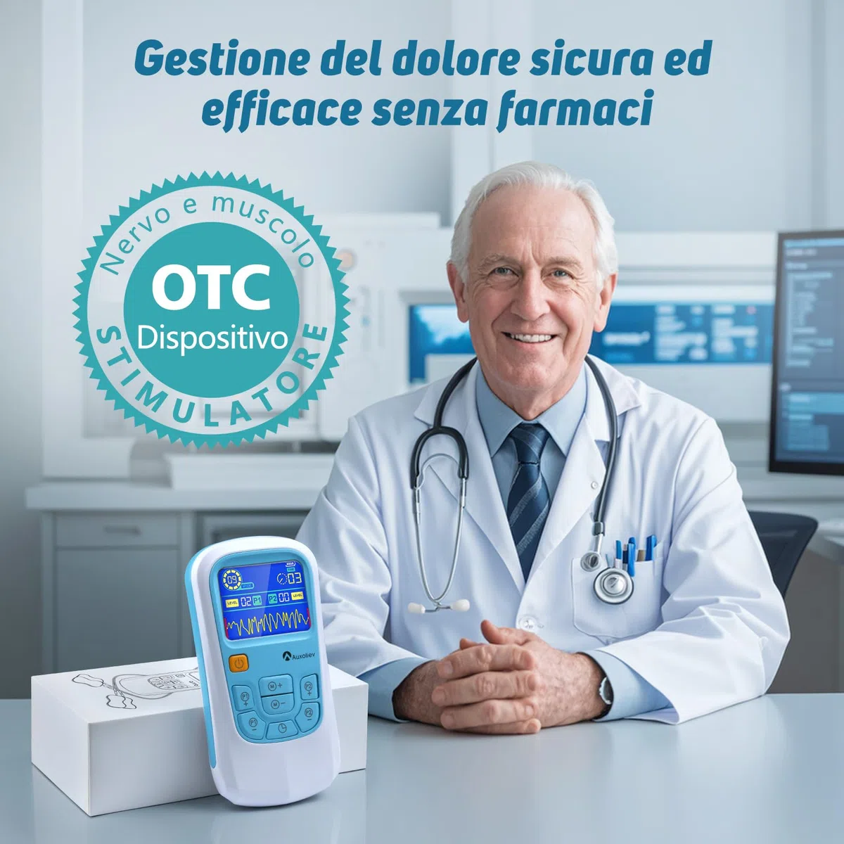 Auxoliev 2012A Elettrostimolatore muscolare, TENS/EMS, 25 modalità per alleviare il dolore e trattare schiena, collo, articolazioni, sciatica e corpo - Blu e bianco