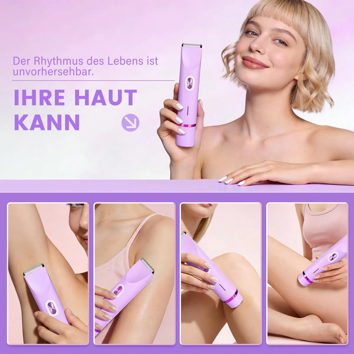 Rasoio da donna, 2 in 1, a doppia testa, con ricarica USB-C, rasoio elettrico da donna, per viso, gambe e braccia, bikini con testa di trimmer, facile da pulire (viola)