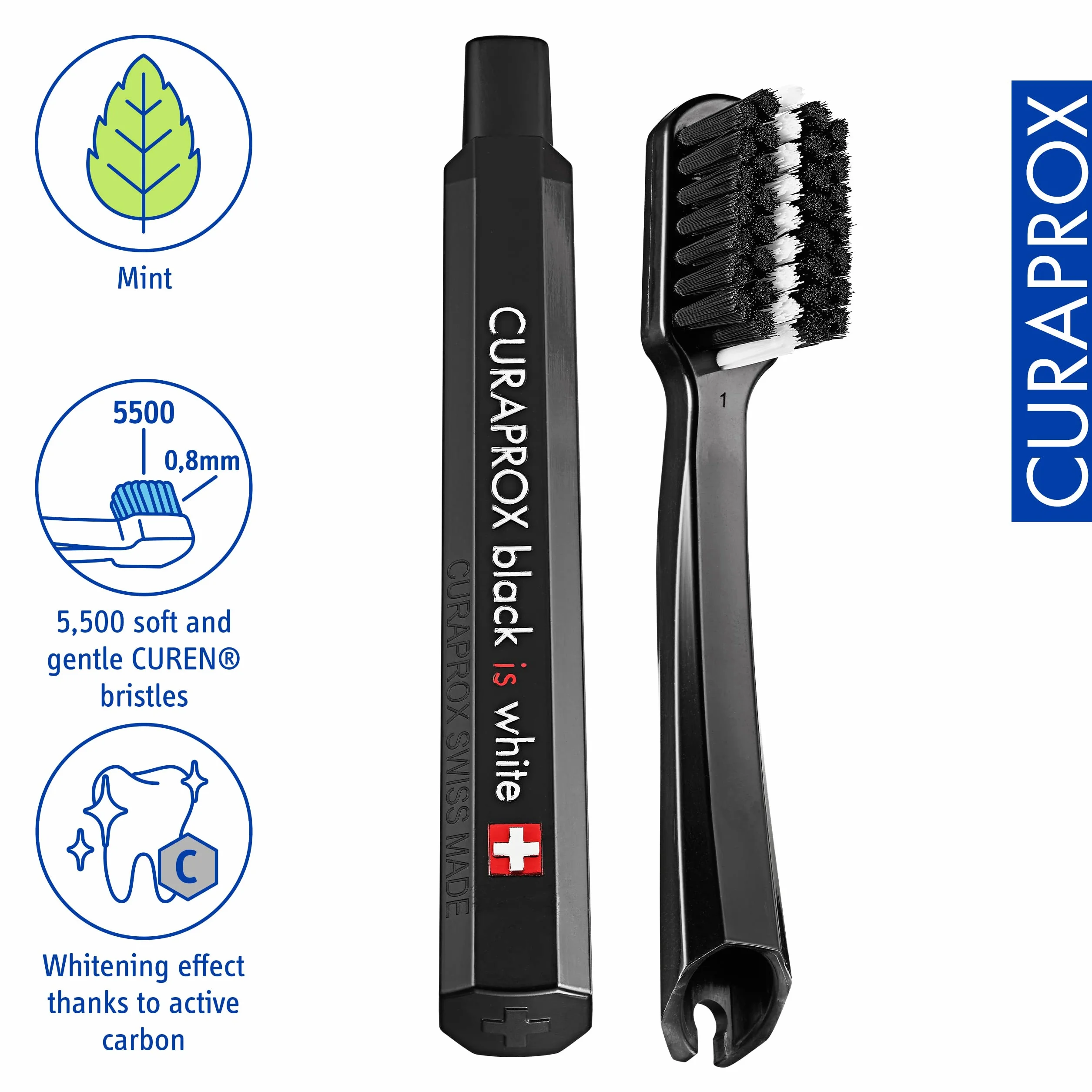 Curaprox Set di spazzolino da viaggio per lo sbiancamento dei denti in movimento/Black is white edition/Include dentifricio, spazzolino e scovolini interdentali/Made in Switzerland
