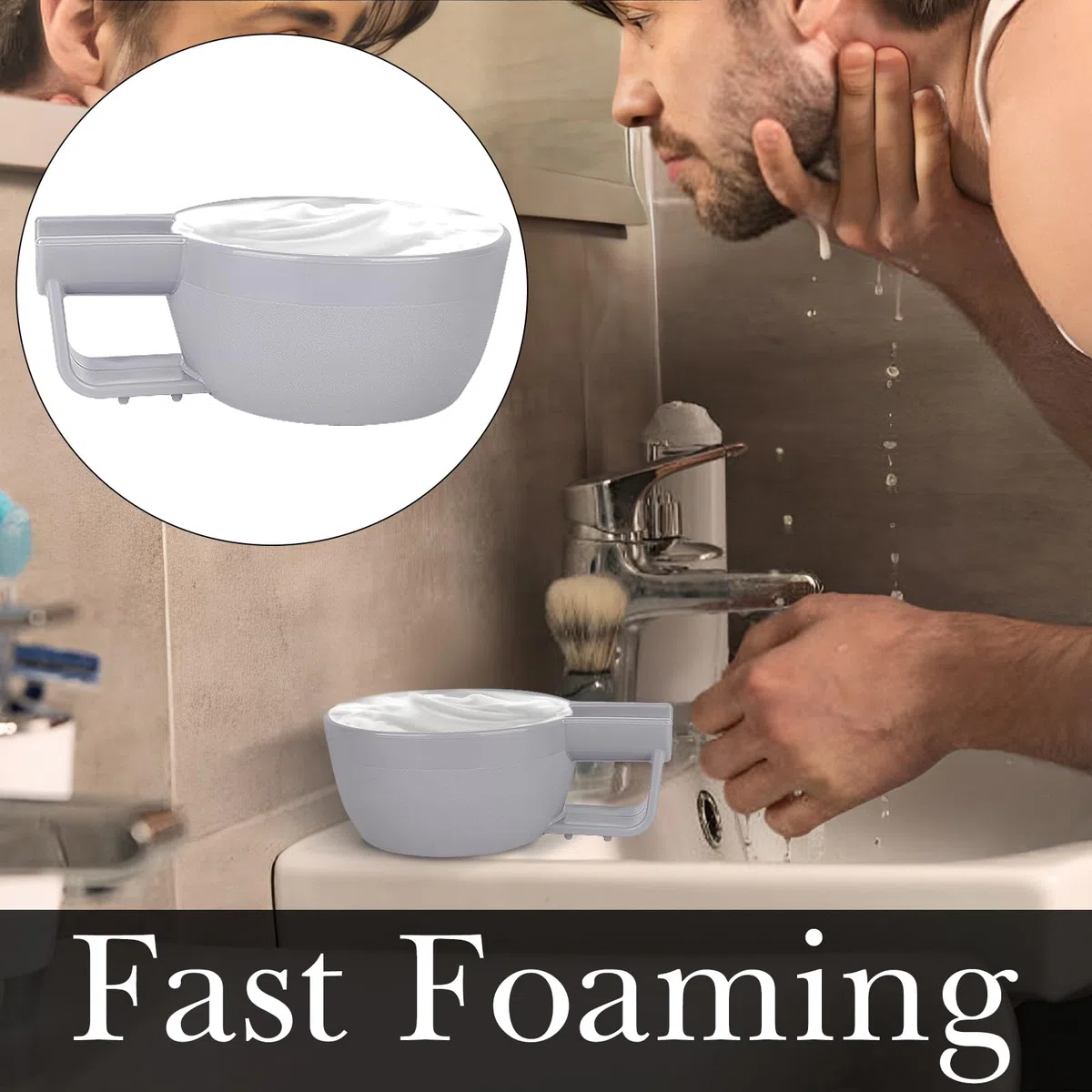Linkidea Ciotola per sapone da barba in plastica con manico antiscivolo, bocca larga, grande capacità, creste più facili da schiumare, ciotola per crema da barba da uomo (grigio)
