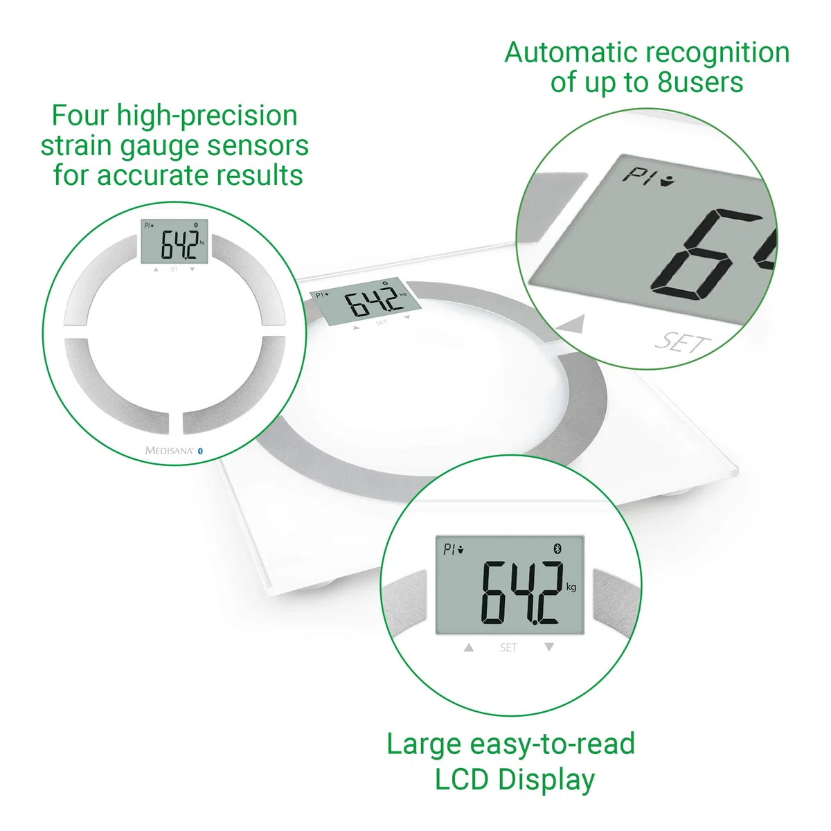 medisana BS 444 connect, bilancia digitale per analisi corporea 180 kg, bilancia personale per la misurazione del grasso corporeo, acqua corporea, massa muscolare e peso osseo con App