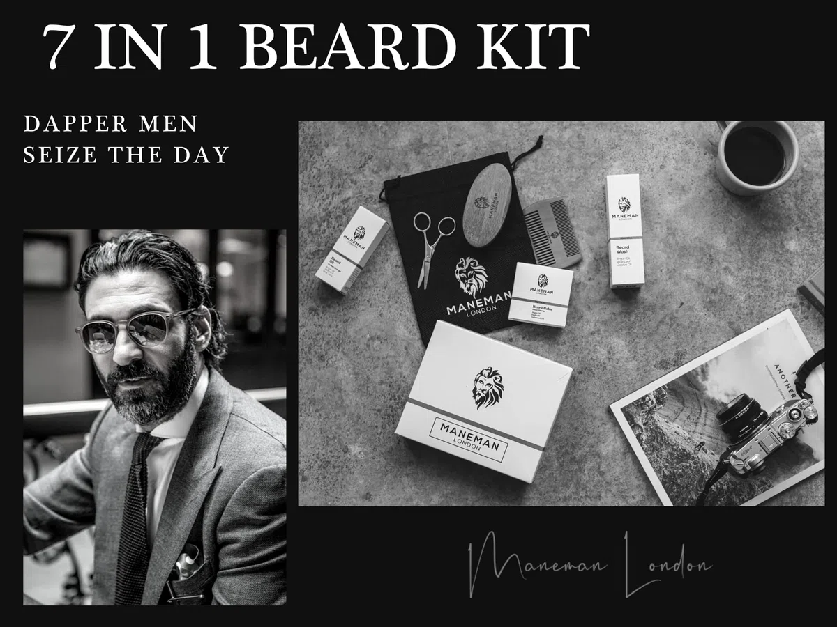 barba Grooming Kit per uomo - Set regalo 7 pezzi, shampoo, olio, ammorbidisce, ammorbidisce e non dà prurito