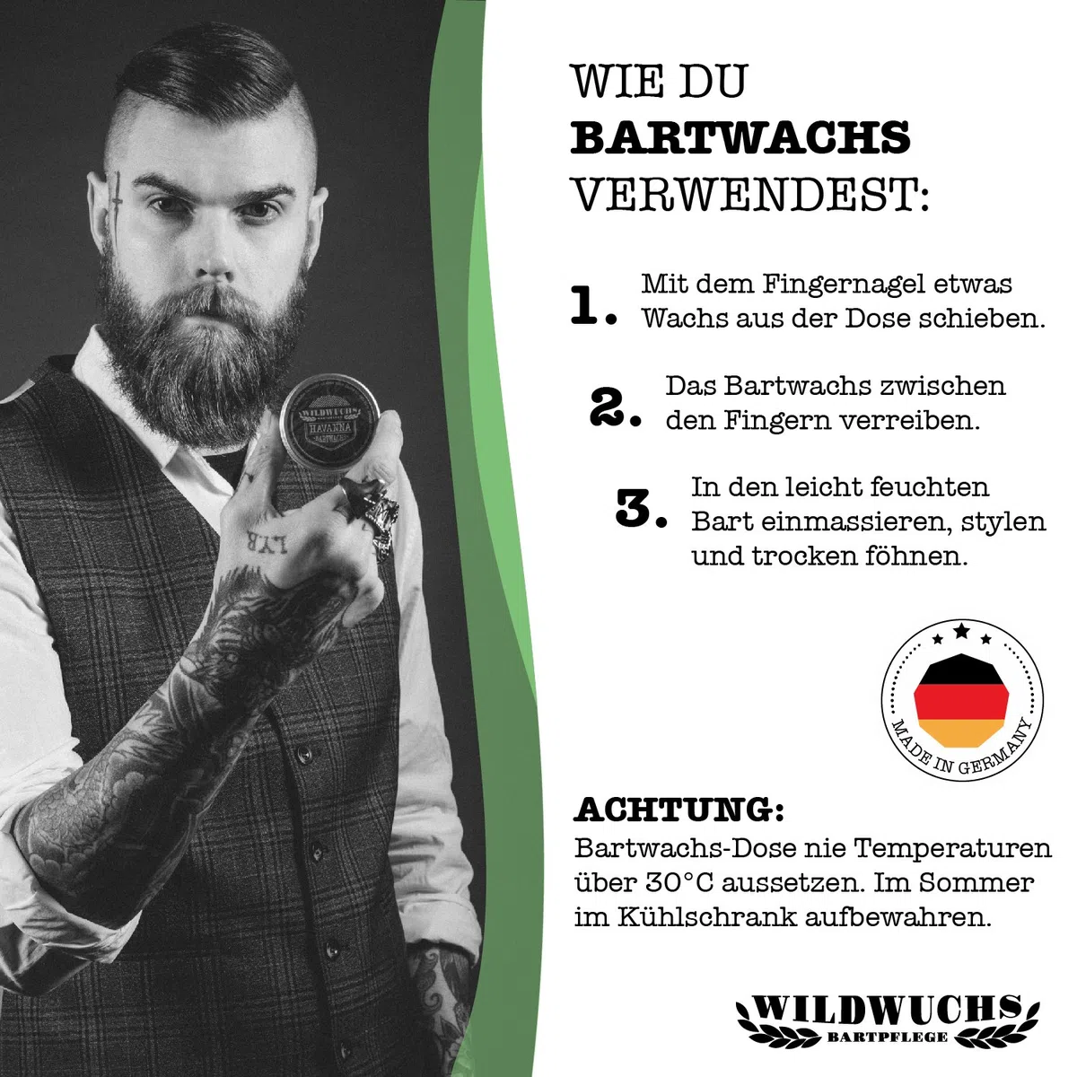 Cera per barba e per baffi (30 ml) per la cura della barba, balsamo e pomata naturale per barba, per una presa forte e per uno styling con profumo caraibico by Wildwuchs Bartpflege Made in Germany