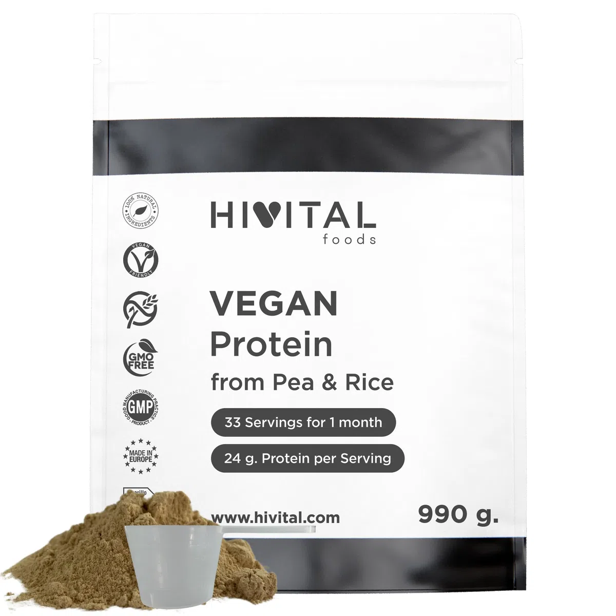 Proteine Vegane 990 g per 1 mese di trattamento. 24 g di Proteine Naturali al giorno. Protein a base di Isolato di Pisello e Concentrato di Riso. NEUTRO. Senza soia. Prodotto in Europa da HIVITAL