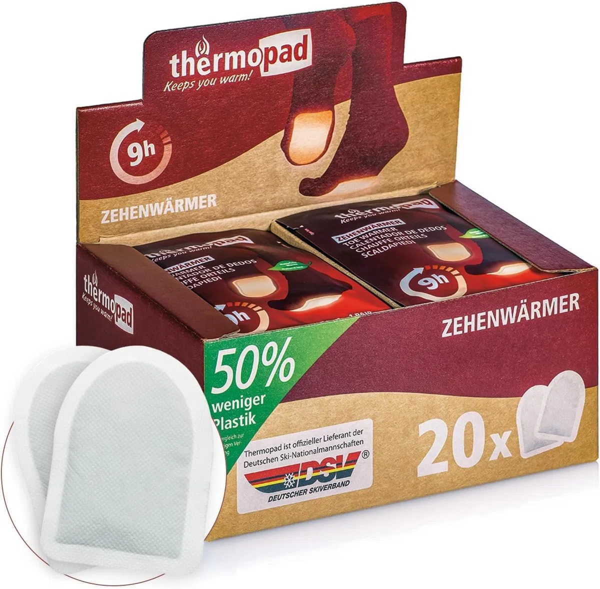 THERMOPAD scaldapiedi adesivi - 20 paia - piedi caldi per 9 ore - attivati a contatto con l'aria - cuscinetto termico - solette termichi per il sport all'aperto