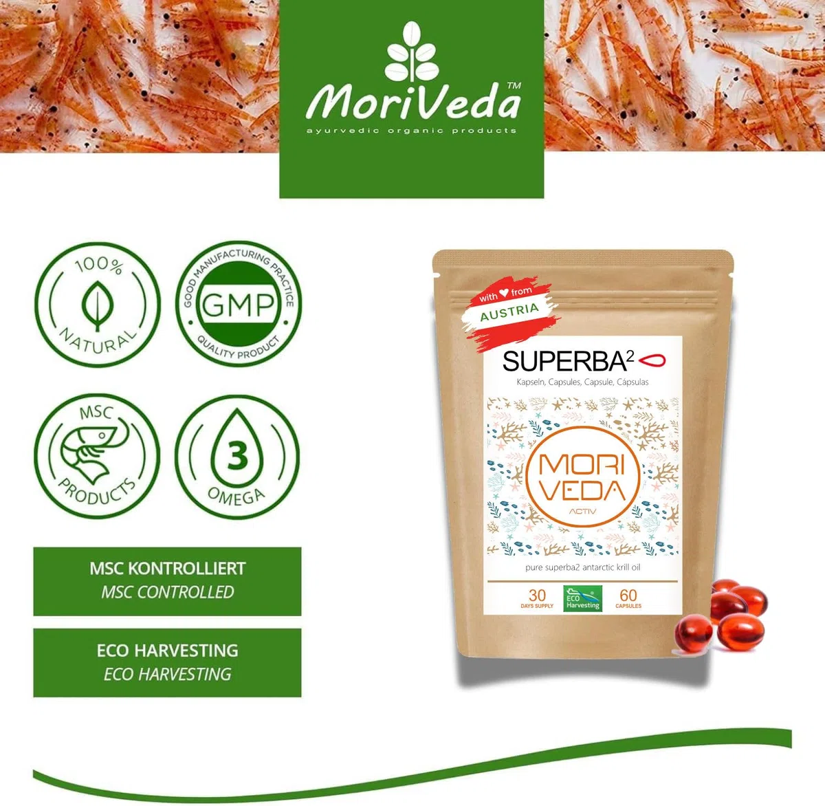 MoriVeda Olio di krill Superba Premium, capsule softgel, con rivoluzionario olio Omega 3, astaxantina esterificata, antiossidanti e vitamine, certificato MSC e sostenibile, 180 pezzi