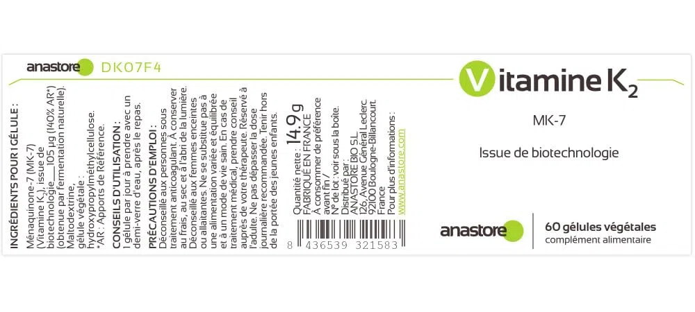 VITAMINA K2 * 105 μg / 60 capsule * Articolazioni (cartilagine, infiammazione), Cardiovascolare (circolazione), Ossatura * Vegano * Ottenuta mediante fermentazione naturale (MK-7)