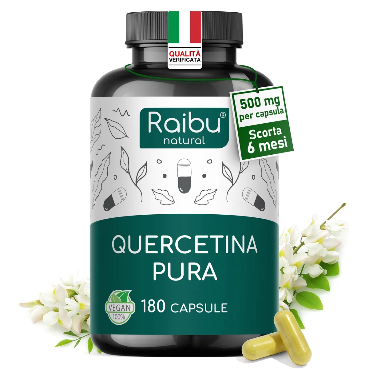 Quercetina 500 mg Pura – 180 Capsule (6 MESI di Fornitura) I 95% di Contenuto di Quercetina I Estratto di Sophora Japonica I Integratore di Flavonoidi I Testato in Laboratorio e Vegano, Raibu