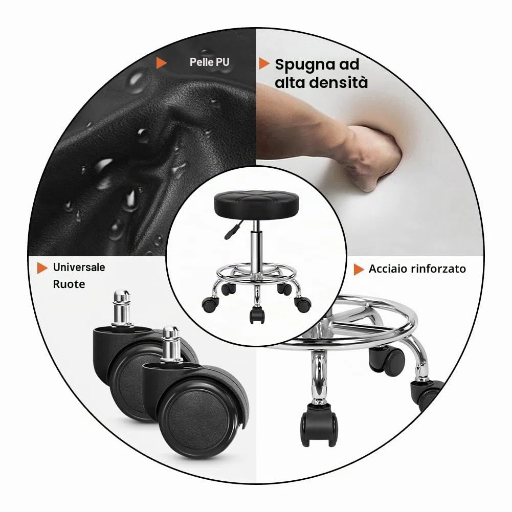 KKTONER Sgabello Rotondo con Ruote Regolabile, Sedia da Lavoro Imbottita con Cuscino in Pelle, Piccolo e Confortevole, per Casa, Parrucchiere, Ufficio, Studio Nero