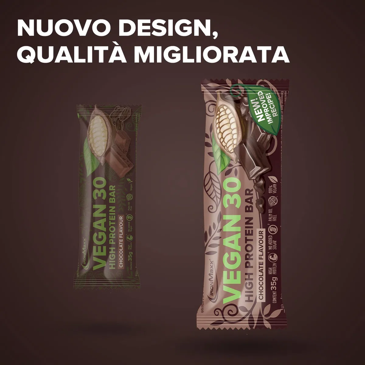 IronMaxx Vegan 30 Barrette Proteiche - 24 x 35 g Gusto Cioccolato, 26% Proteine Vegetali, Poco Zucchero, Senza Soia & Palm Oil – Snack Sportivo Vegano Post-Allenamento.