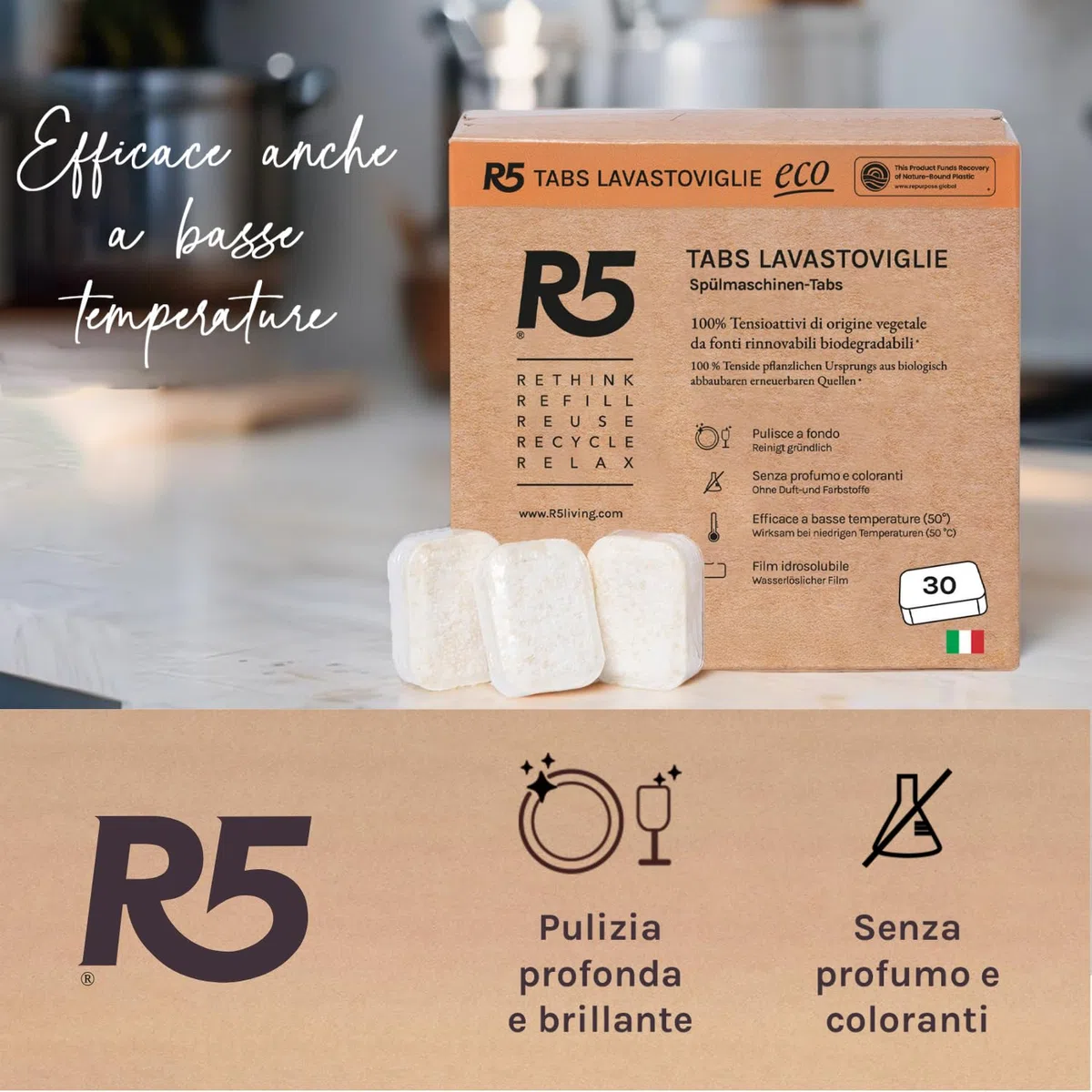 R5, Eco Tabs Lavastoviglie, 120 Pastiglie Lavastoviglie, con Tensioattivi di Origine Vegetale, Certificate Ecolabel, Climate Partner, Made in Italy, 4 x 30 Pods