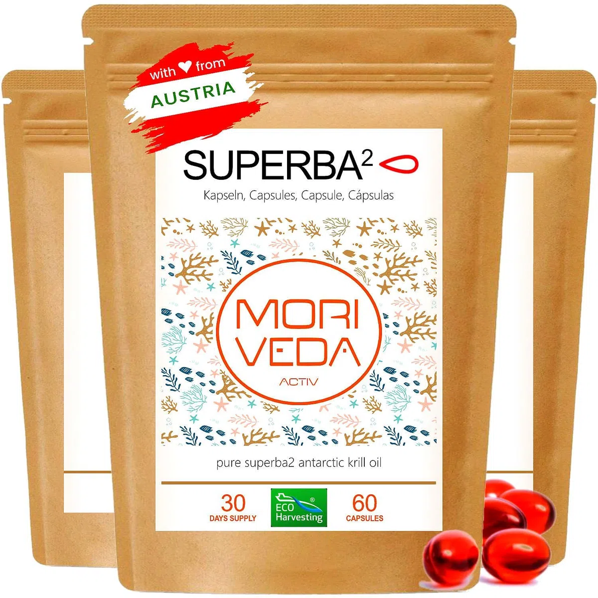 MoriVeda Olio di krill Superba Premium, capsule softgel, con rivoluzionario olio Omega 3, astaxantina esterificata, antiossidanti e vitamine, certificato MSC e sostenibile, 180 pezzi