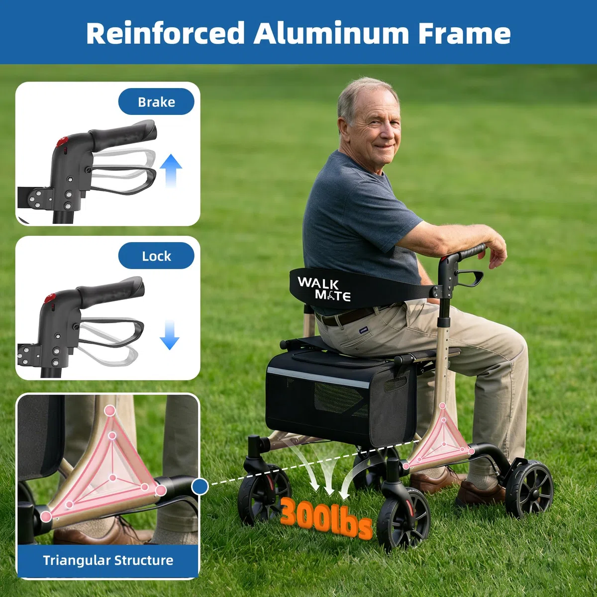 Walk Mate Deambulatore Rollator Pieghevole e Leggero con Seduta - Compatto per Spazi Ristretti, Regolazione Ergonomica dell'Altezza 150-190 cm, Ruote All-Terrain, Solo 6,7 kg