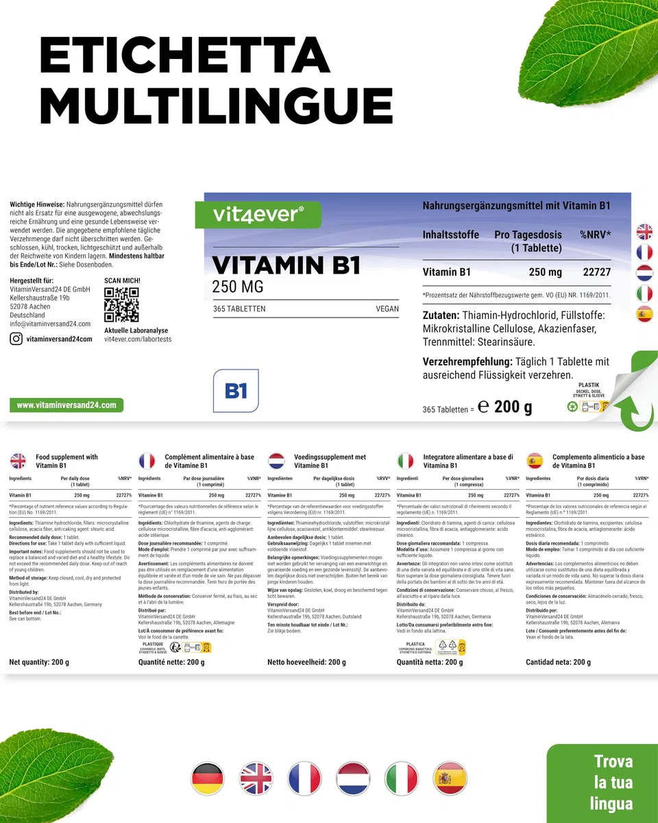 Vitamina B1 (Tiamina) - 250 mg - 365 compresse - Premium: tiamina cloridrato - Elevata biodisponibilità - Fornitura per 12 mesi - Senza additivi indesiderati - Vegan