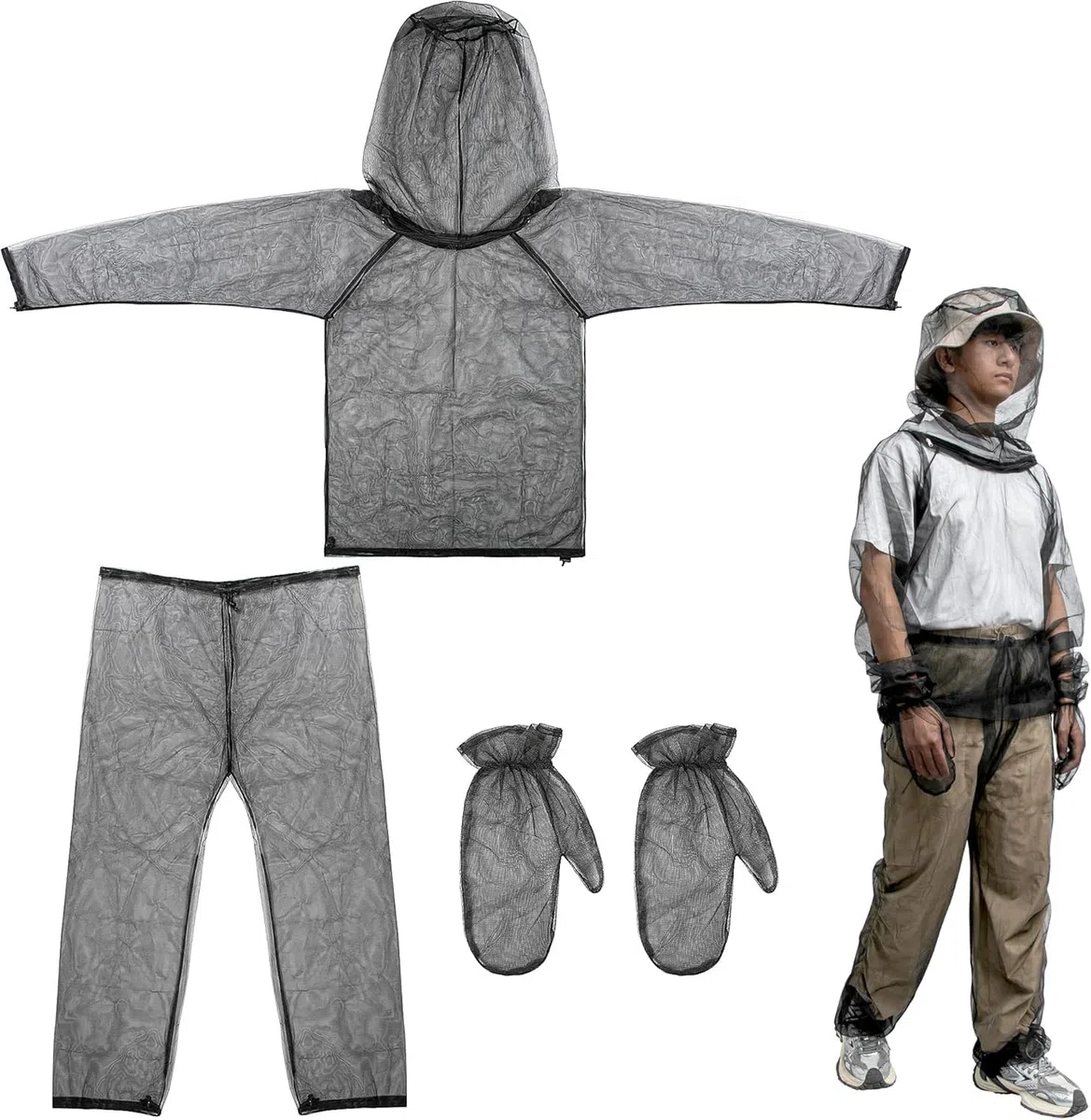 Abbigliamento antizanzare, giacca e pantaloni, con zanzariera in rete, con guanti, per la protezione esterna da insetti, mosche, zanzare, zanzare e moscerini
