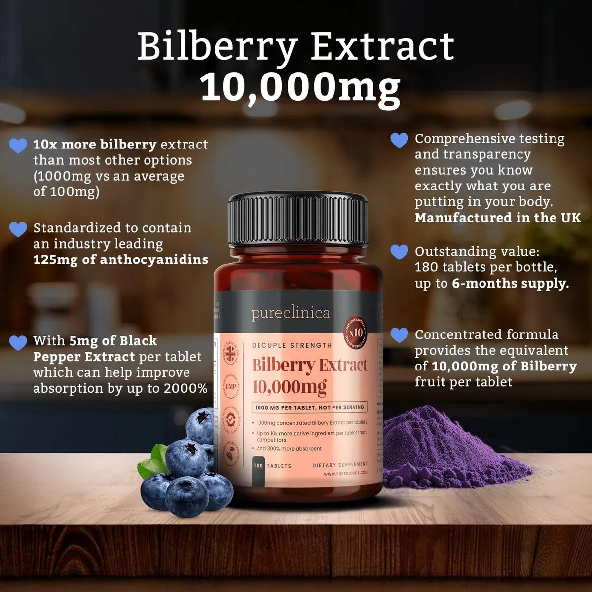 Estratto di mirtillo 10.000 mg x180 cpr-10 volte più antocianidine x compressa rispetto agli altri integratori-E 5 mg di estratto di pepe nero
