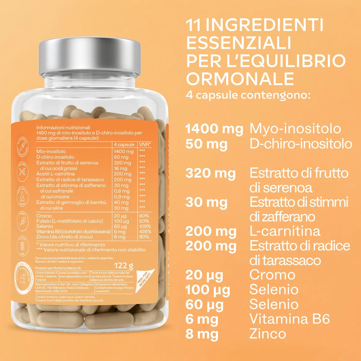 Myo Inositolo e D-Chiro Inositolo Integratore 1450mg | Equilibrio Ormonale e Supporto Metabolico Femminile con Tarassaco Zafferano Acido Folico Cromo Zinco Selenio Vitamina B6-180 Capsule Vegane