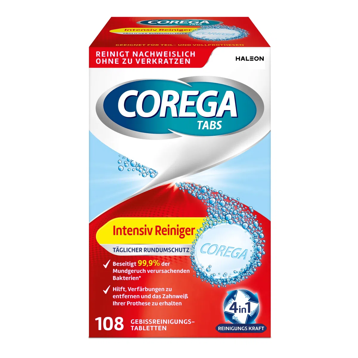 Corega Detergente intensivo in ABS per dentieri, protezione completa per protesi rimovibili/terzi denti, 1 x 108 pastiglie per la pulizia dei denti