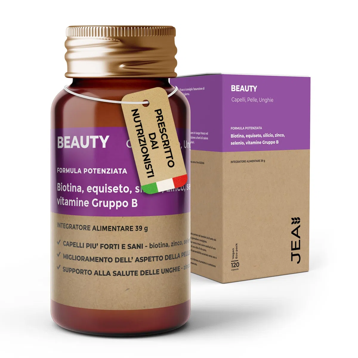 JEA BEAUTY - Integratori Per Capelli, Pelle e Unghie con Biotina Silicio Selenio Zinco Equiseto Vitamina B, Per Crescita e Anticaduta Capelli Uomo e Donna, Vegano - 120 Capsule Alto Dosaggio (4 Mesi)