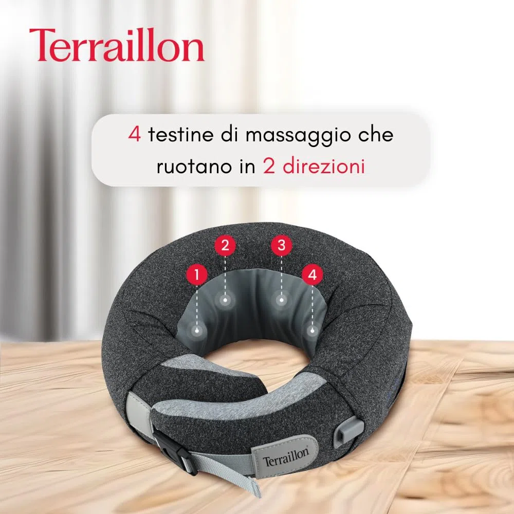 TERRAILLON - NECK MASSAGER, Cuscino massaggio collo e cervicale, rilassante, riduzione della tensione, anti-stress, 3 velocità di massaggio, 2 direzione di rotazione, opzione riscaldante, cinghia