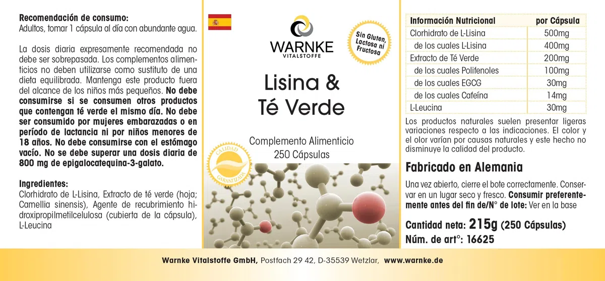 L-lisina e tè verde - 250 capsule - polifenoli - EGCG - caffeina - vegano e ad alto dosaggio - confezione grande | Warnke Vitalstoffe - Qualità farmaceutica tedesca