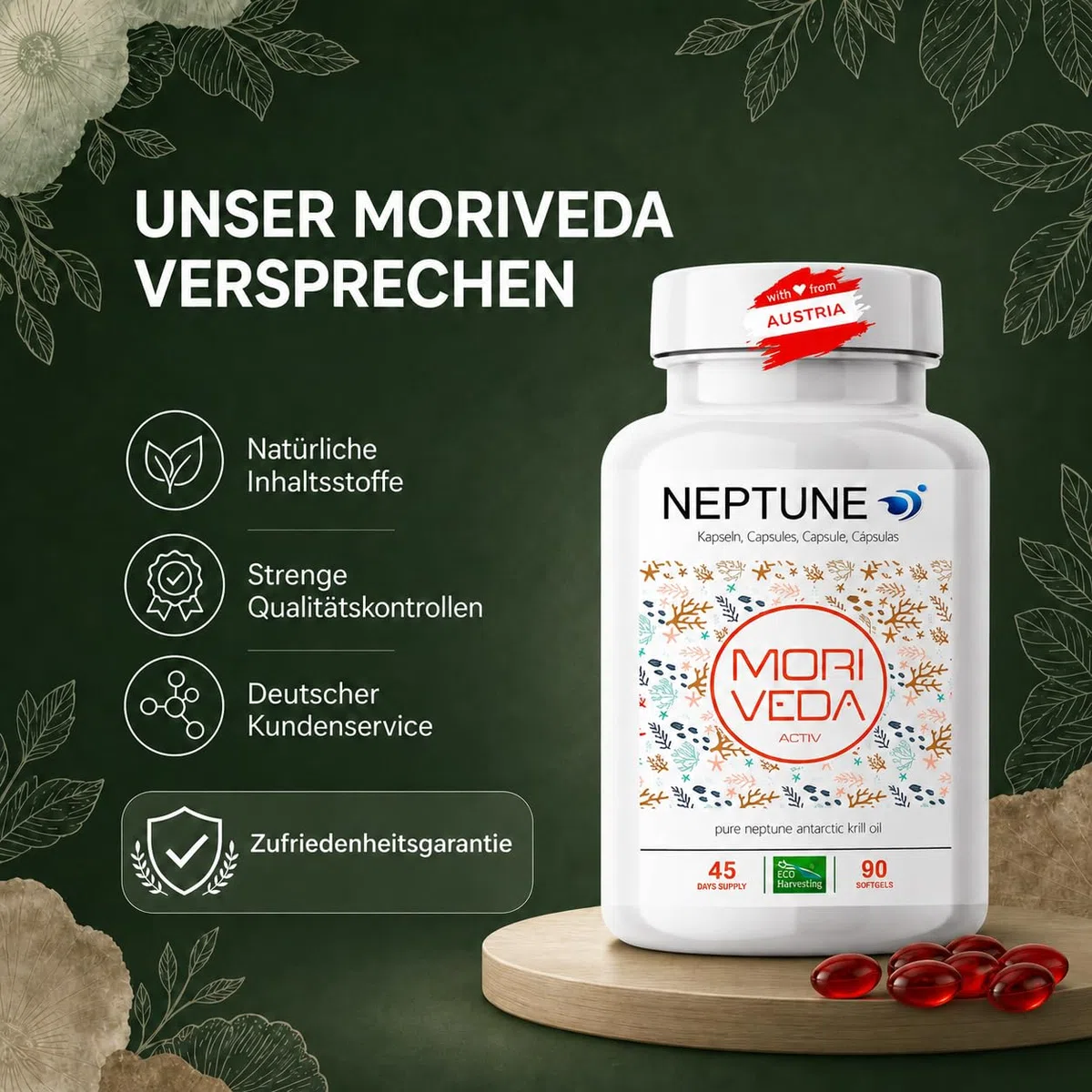 MoriVeda Neptune Capsule di olio di krill, Omega 3-6-9 EPA DHA Antiossidanti, vitamina E, colina, fosfolipidi, elevata biodisponibilità, 90 pezzi