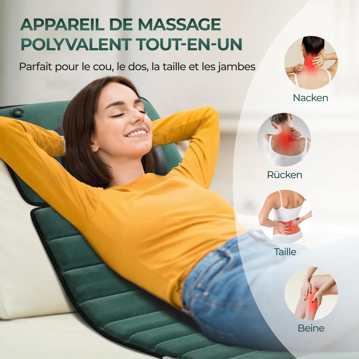 Tappetino massaggiante per tutto il corpo con massaggio Shiatsu e calore | Tappetino massaggiante con 10 motori di vibrazione per schiena e gambe, tappetino relax elettrico per casa e ufficio, verde