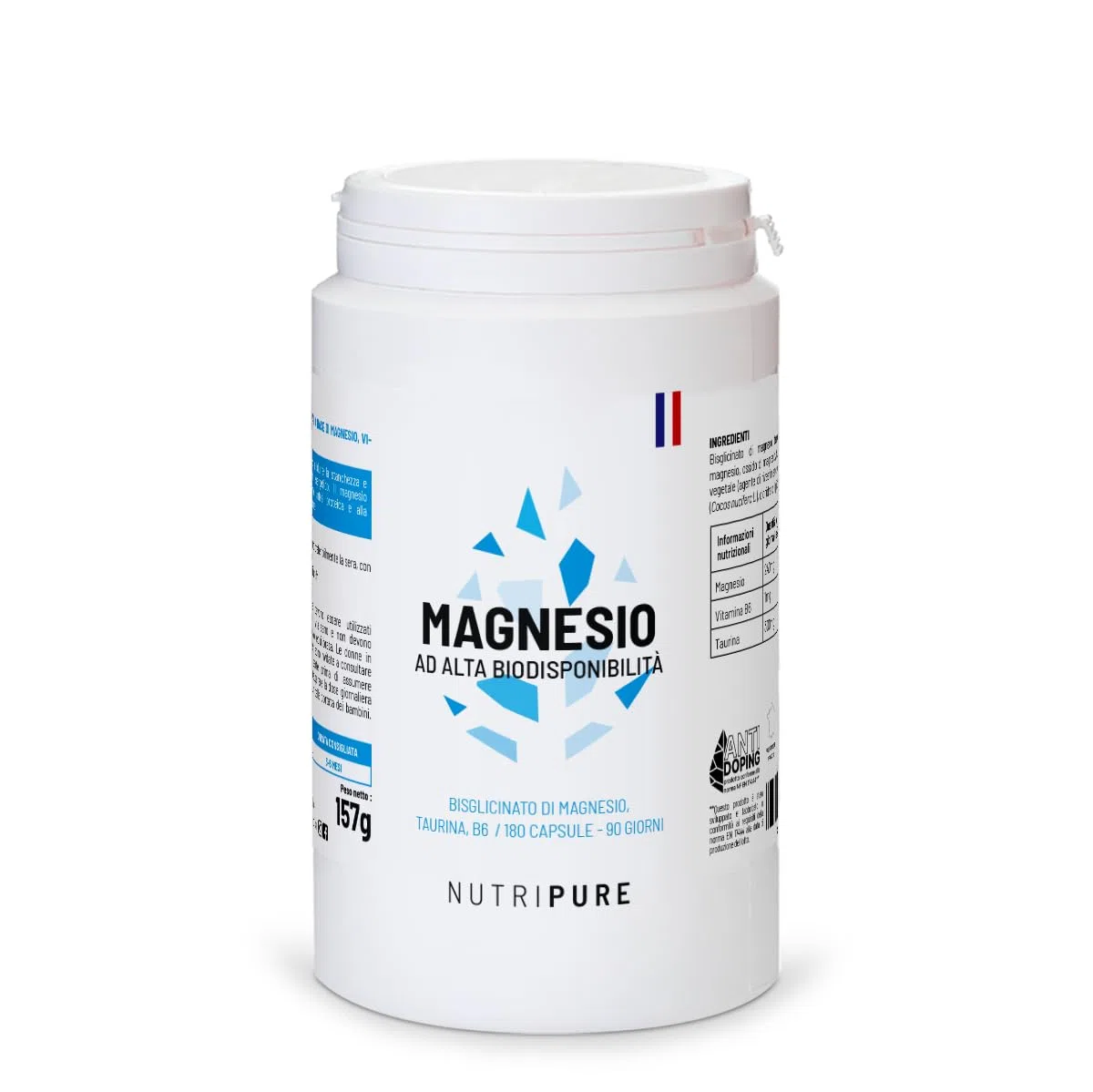 Magnesio bisglicinato + Taurina & Vitamina B6 | Integratori ad alto assorbimento | Contro la fatica, per la concentrazione | Vegan | 180 capsule | Trattamento di un 3 mesi | Made in France | Nutripure