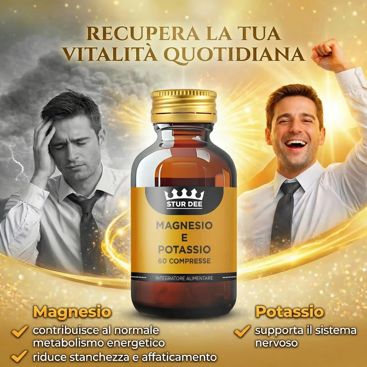 Magnesio e Potassio – Integratore Magnesio e Potassio senza zucchero, Sali Minerali Supporto Energia e riduce la stanchezza, Funzione Muscolare e Sistema Nervoso - 60 Compresse Stur Dee