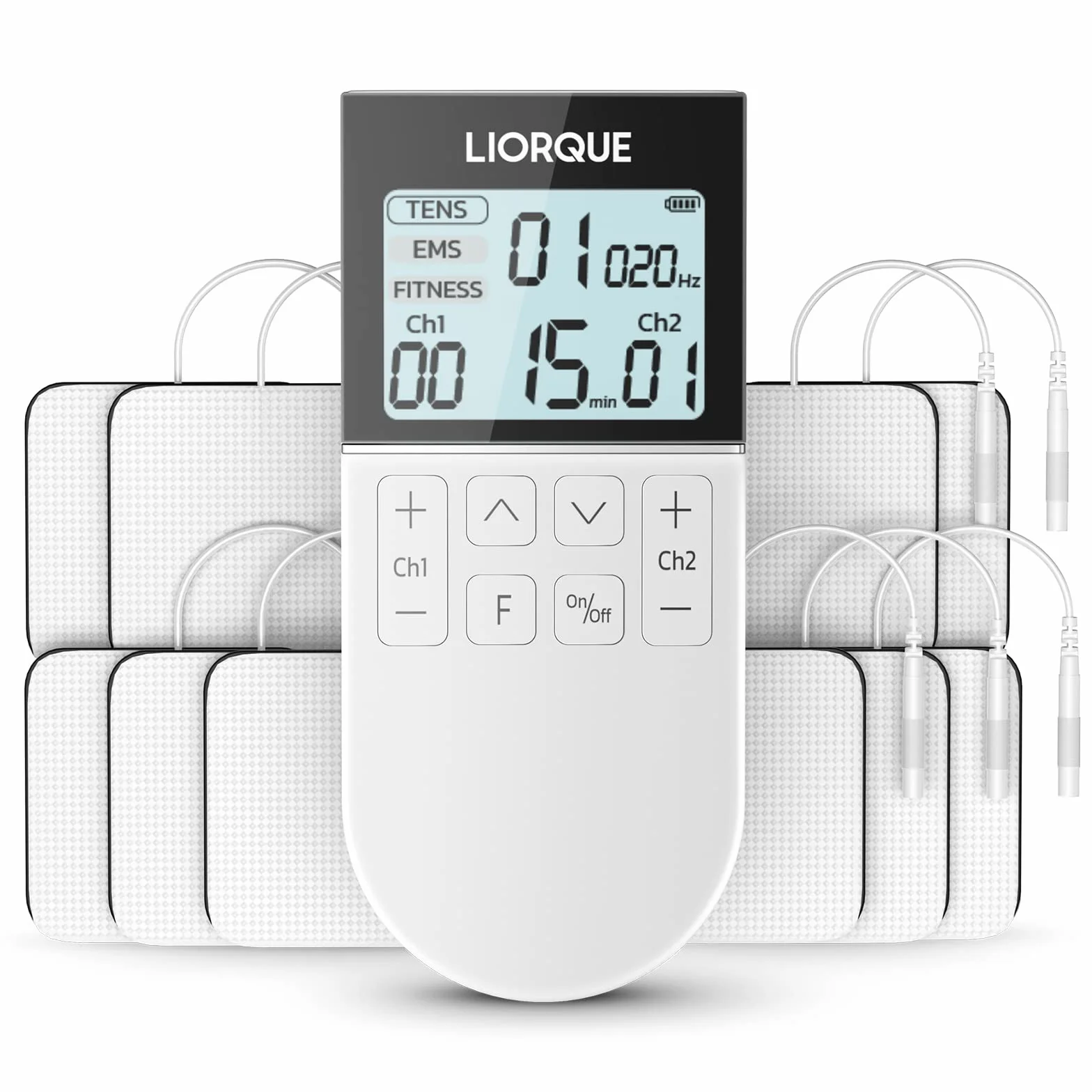 LIORQUE Elettrostimolatore Muscolare TENS/EMS/FITNESS 3 in 1, 50 Modalità, 10 Pezzi di Elettrodi TENS, 16 Livelli di Intensità per Alleviare il Dolore Bianco
