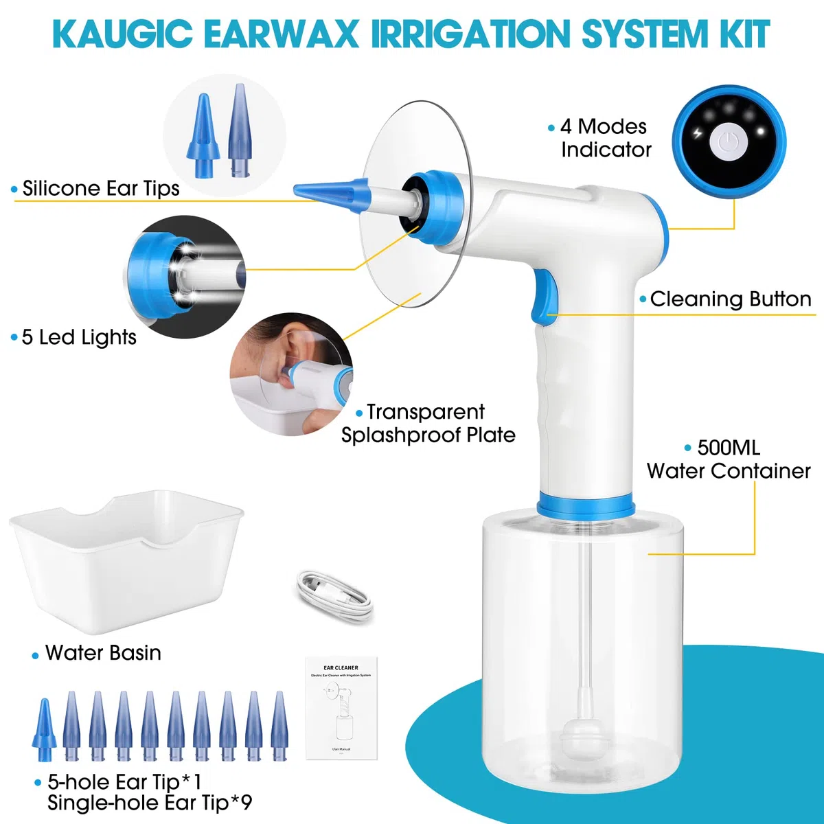 KAUGIC Rimozione elettrica del cerume, detergente per orecchie alimentato ad acqua, kit di pulizia dell'orecchio, kit di rimozione del cerume sicuro ed efficace con 4 impostazioni di modalità di