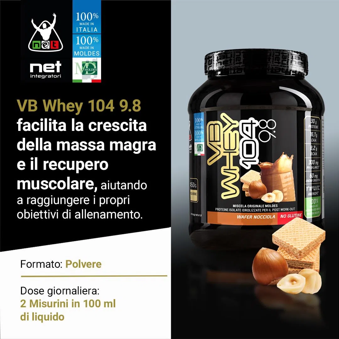 NET Integratori VB WHEY 104 9.8 Optipep - 450g Wafer Nocciola - Proteine Isolate Idrolizzate per via Enzimatica Con EAA e BCAA - Massimizza Sintesi Proteica, Crescita e Mantenimento Muscolare