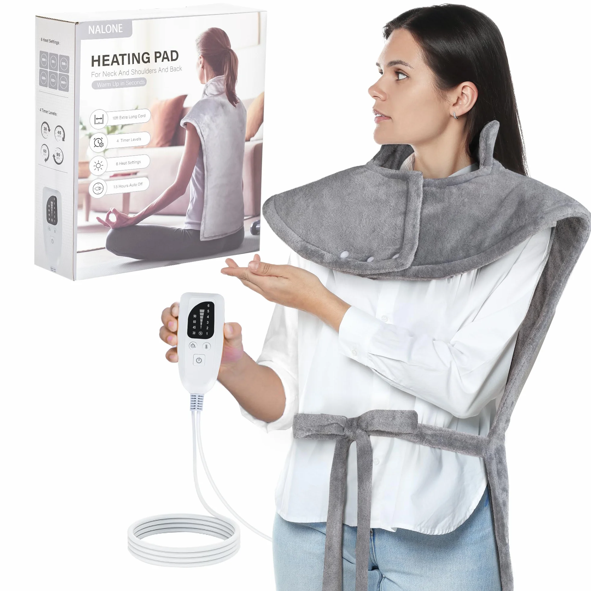 NALONE Termoforo Elettrico per Collo e Spalle 63x100cm, Cuscino Termico con 6 Livelli di Riscaldamento, 4 Timer, Cintura Regolabile, Scaldaschiena in Flanella