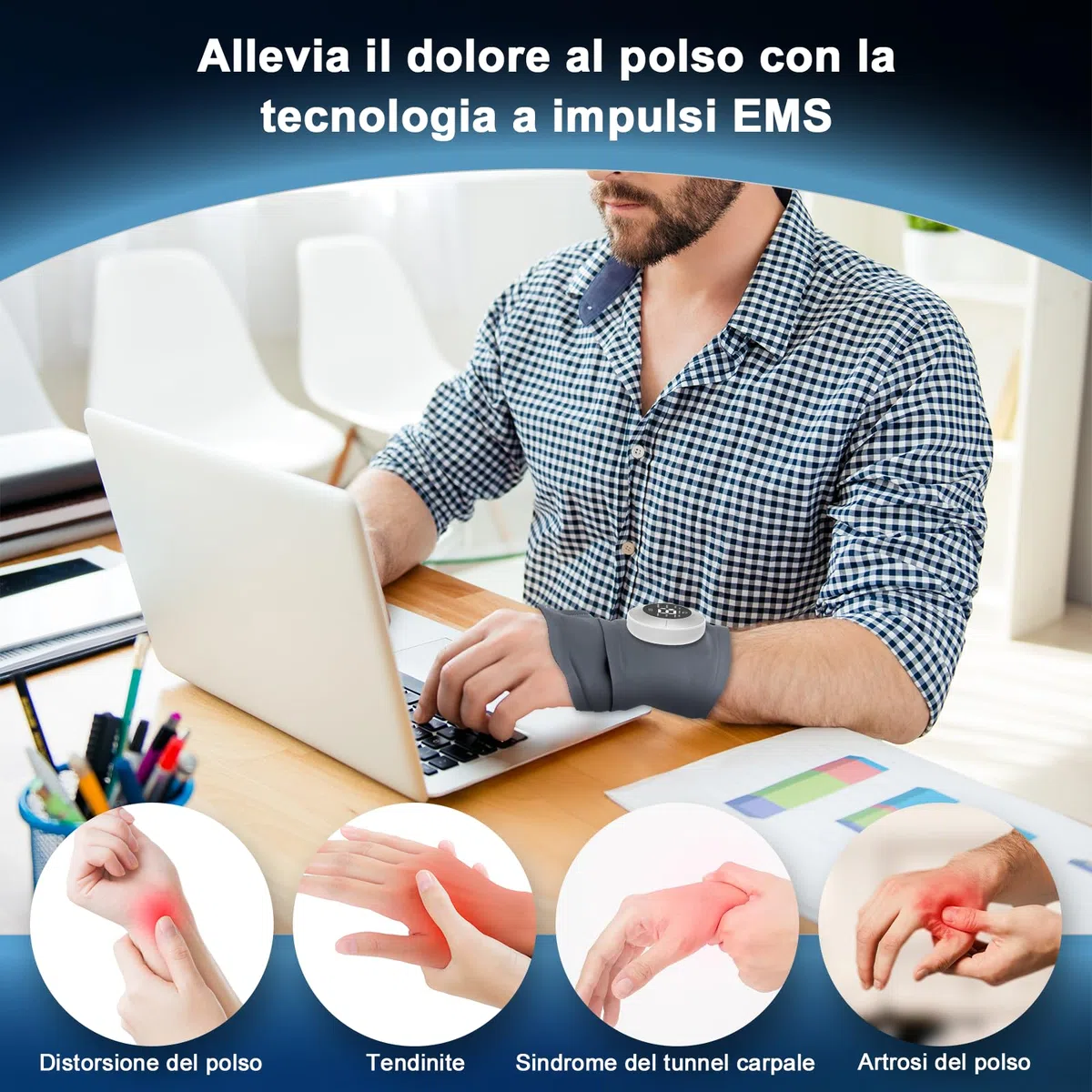 Massaggiatore da Polso EMS, Massaggiatore per Mani Senza Fili con Calore, 6 Modalità/19 Intensità, Supporto per Polsi per Tendinite e Sindrome del Tunnel Carpale, Fasce per Polsi Sinistra/Destra