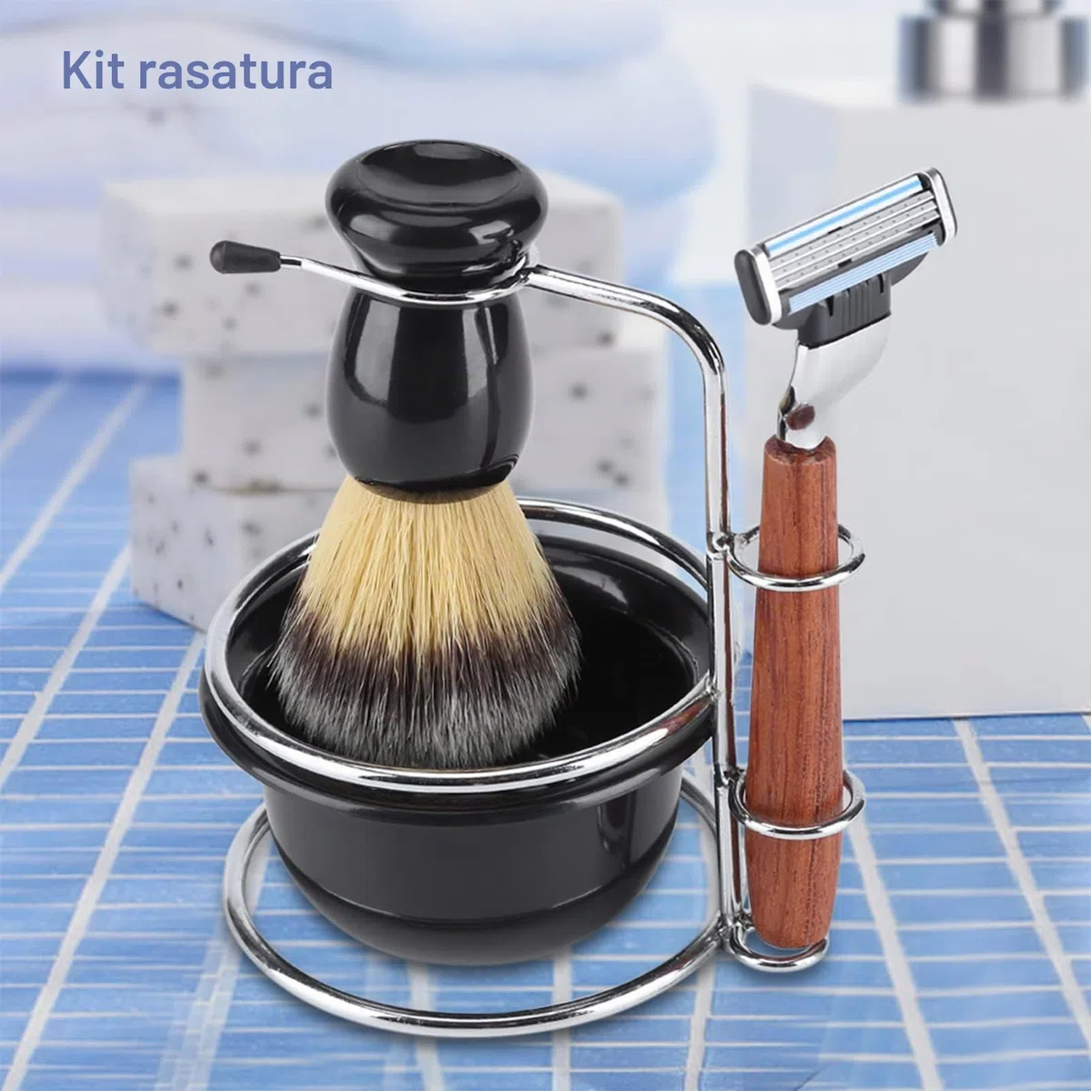 Kit rasoio di sicurezza manuale con supporto, pennello da barba in pelo di tasso, tazza e ciotola da barba per schiuma, kit da barba da uomo in acciaio inossidabile con manico in legno, regalo per