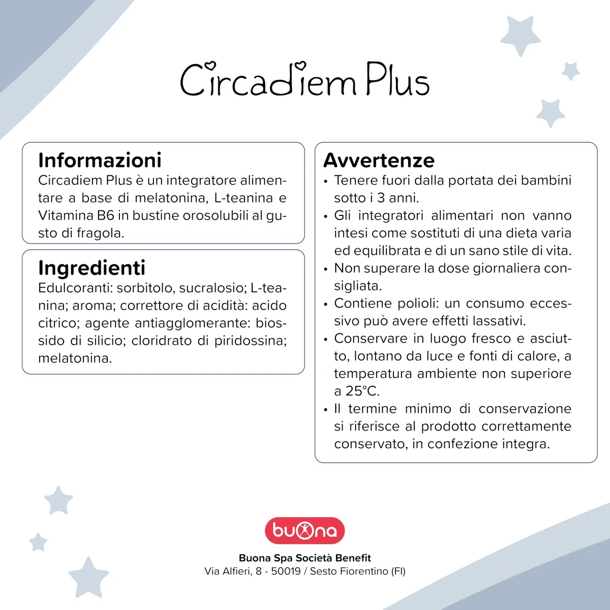 Buona Circadiem Plus Melatonina Bambini e L Teanina, 20 Bustine Orosolubili, Senza Glutine e Lattosio, Melatonina per Dormire con Vitamina B6, Made in Italy