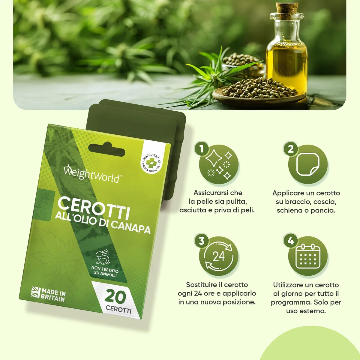 Olio di Canapa in 20 Cerotti Non Testati su Animali (1 ogni 24 ore), Sottili, Discreti, Cerotti all'Olio di Semi di Canapa Prodotti in UK, Pratico Utilizzo, Applicazione Esterna e Solo su Alcune Zone