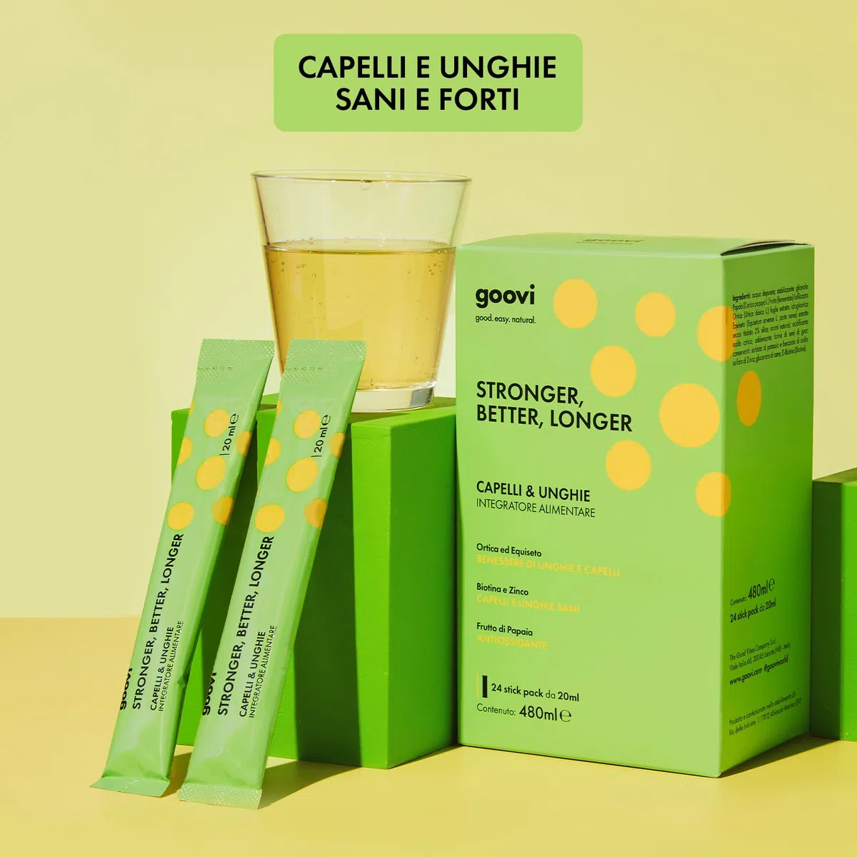 Goovi, Stronger, Better, Longer, Integratore Alimentare per Capelli e Unghie, Rende Capelli e Unghie Sani e Forti, Confezione da 24 Stick Pack da 20 ml, Gusto Papaia