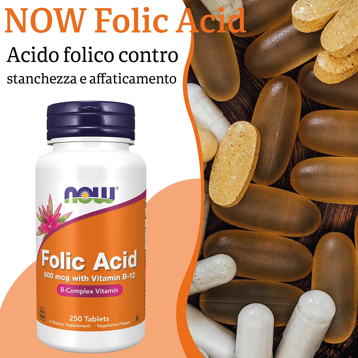 Now Foods, Folic Acid (Acido folico), 800 mcg, 250 Compresse vegane, Testato in Laboratorio, Dose elevata, Vitamina B12, Senza Glutine, Senza Soia, Vegetariano