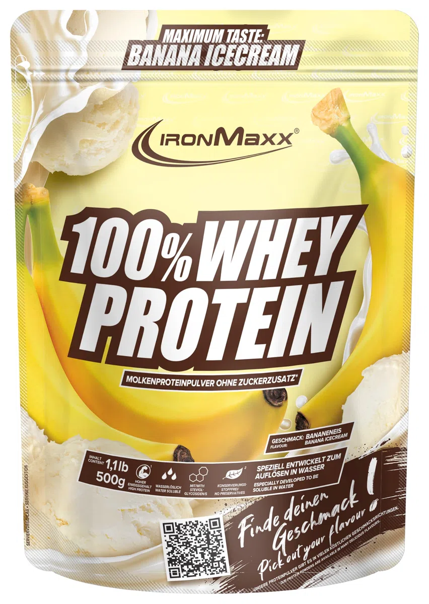 IronMaxx 100% Whey Protein Polvere - Banana Ice Cream 500g Bag | Proteine del siero di latte a basso contenuto di zucchero, solubili in acqua | Disponibile in vari gusti.