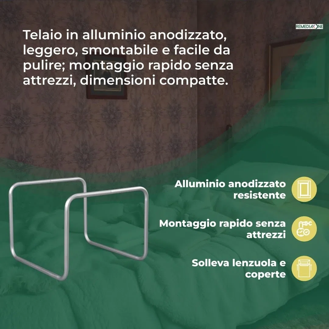 REMEDIA ONE - Alza Coperte Smontabile in Alluminio Anodizzato – Alzacoperte per Piedi Anziani e Pazienti, Solleva Coperte per Piedi – 50x52x40 cm