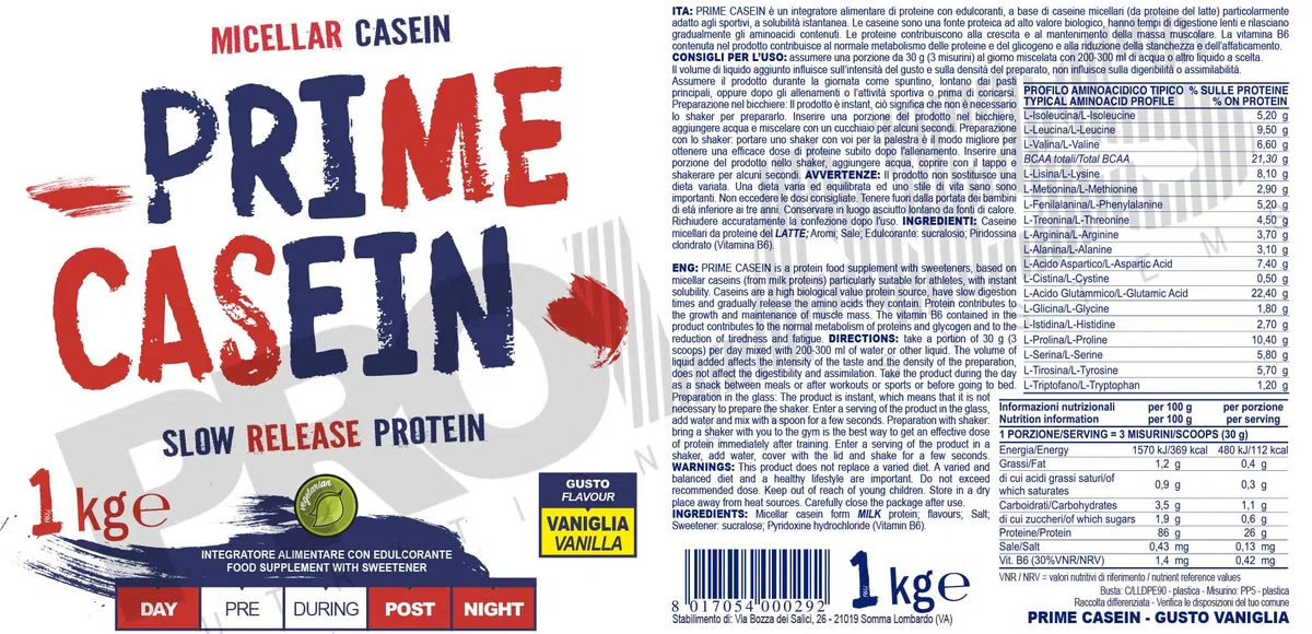 PROLABS PRIME CASEIN - 1 Kg - Vaniglia - Integratore alimentare di proteine del latte - Purissime caseine micellari - Crescita e mantenimento della massa muscolare