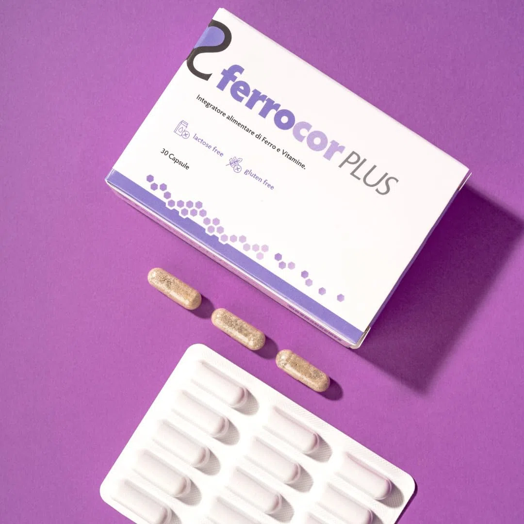 Ferrocor Plus 30 Capsule - Integratore di Ferro con Vitamine C, B12 e Acido Folico – Supporta la Formazione dei Globuli Rossi e Riduce Stanchezza e Affaticamento