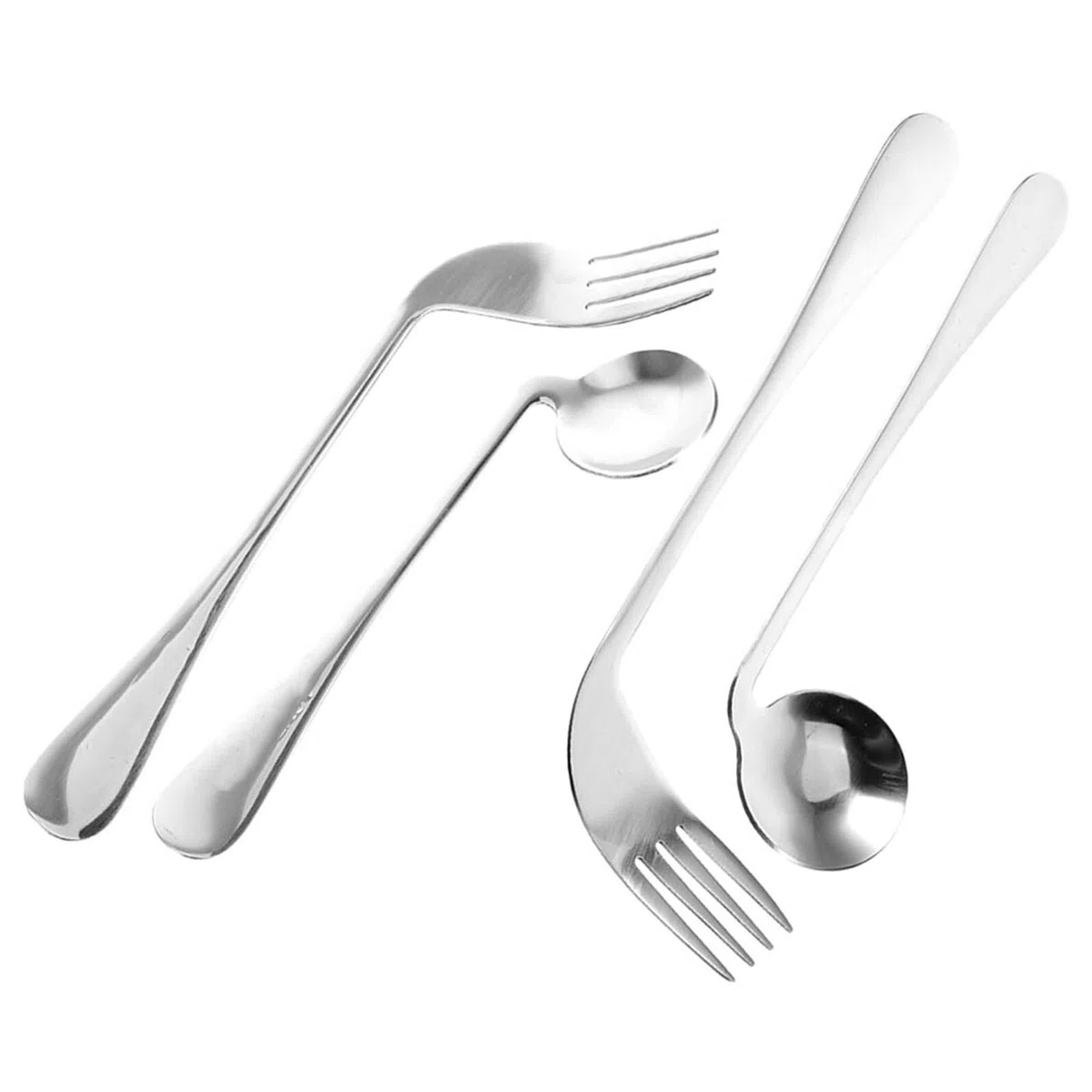 Generico Set 4 Utensili Angolati in Acciaio Inox per Autoalimentazione Anziani e Disabili, Cucchiai e Forchette Ergonomiche per Assistenza Pasti a Letto, Utensili Pesanti per Presa Debole