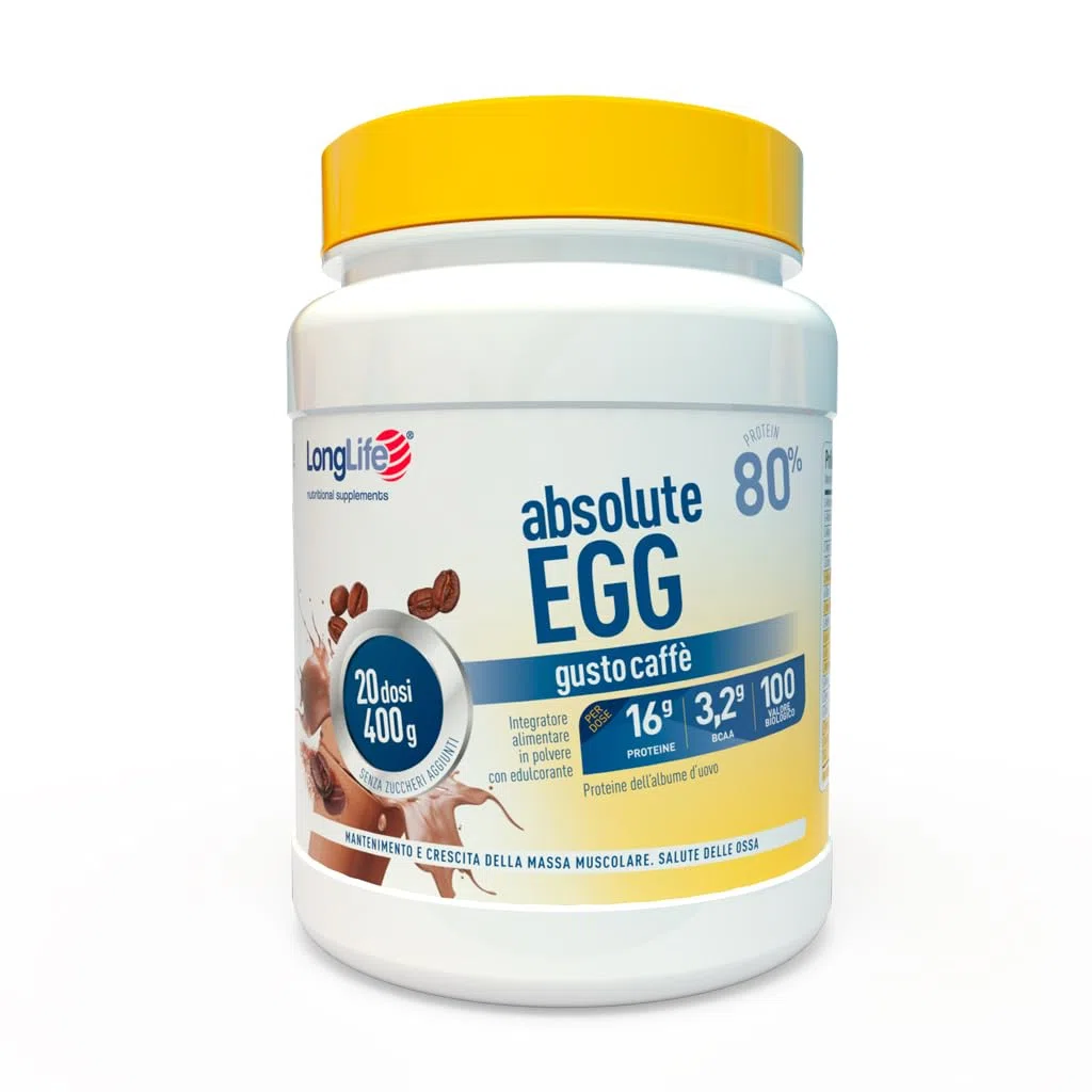 LongLife® Absolute Egg caffè | Proteine dell’albume d’uovo 80% | Crescita e mantenimento della massa muscolare | Benessere delle ossa | Polvere gusto caffè | 20 dosi | Vegetariano e senza glutine