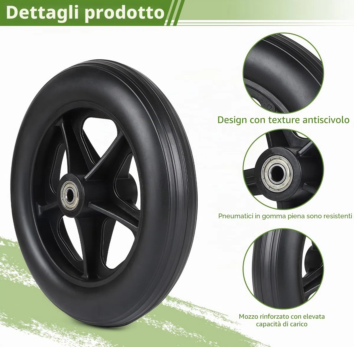 DBREAKS Ruota di ricambio per ruote anteriori, 2 ruote di ricambio solide, 180 mm, ruota anteriore per sedie a rotelle, deambulatori, kit ruote (nero)