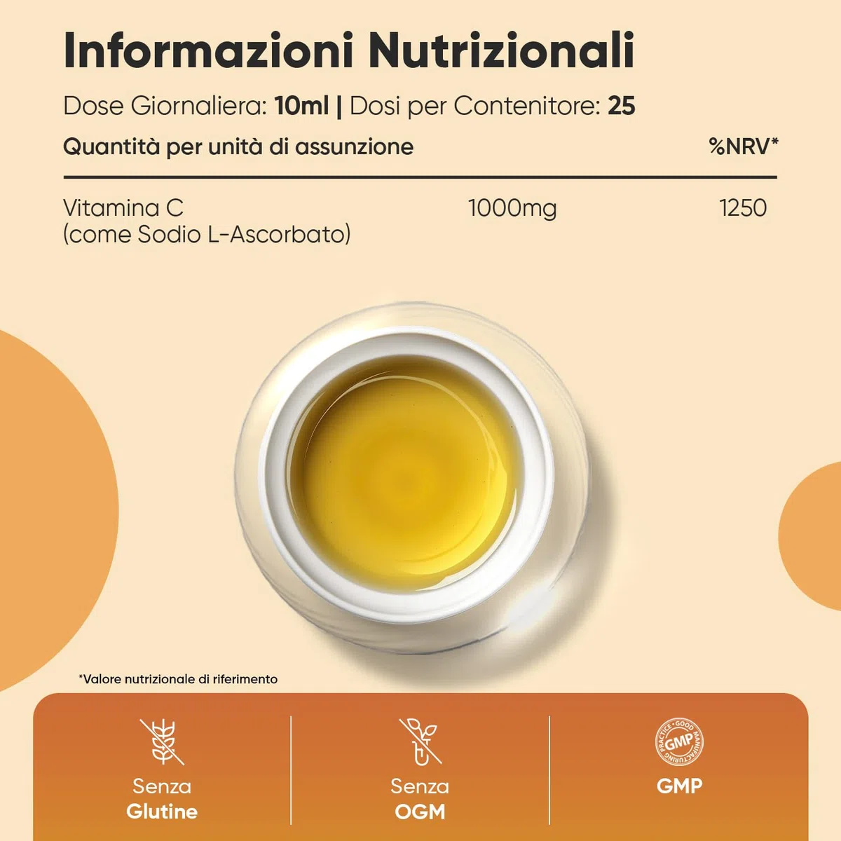 Vitamina C Liposomiale Vegan Liquida 250ml, Vitamina C 1000mg Alto Dosaggio, Stanchezza e Affaticamento, Aroma Naturale Arancia
