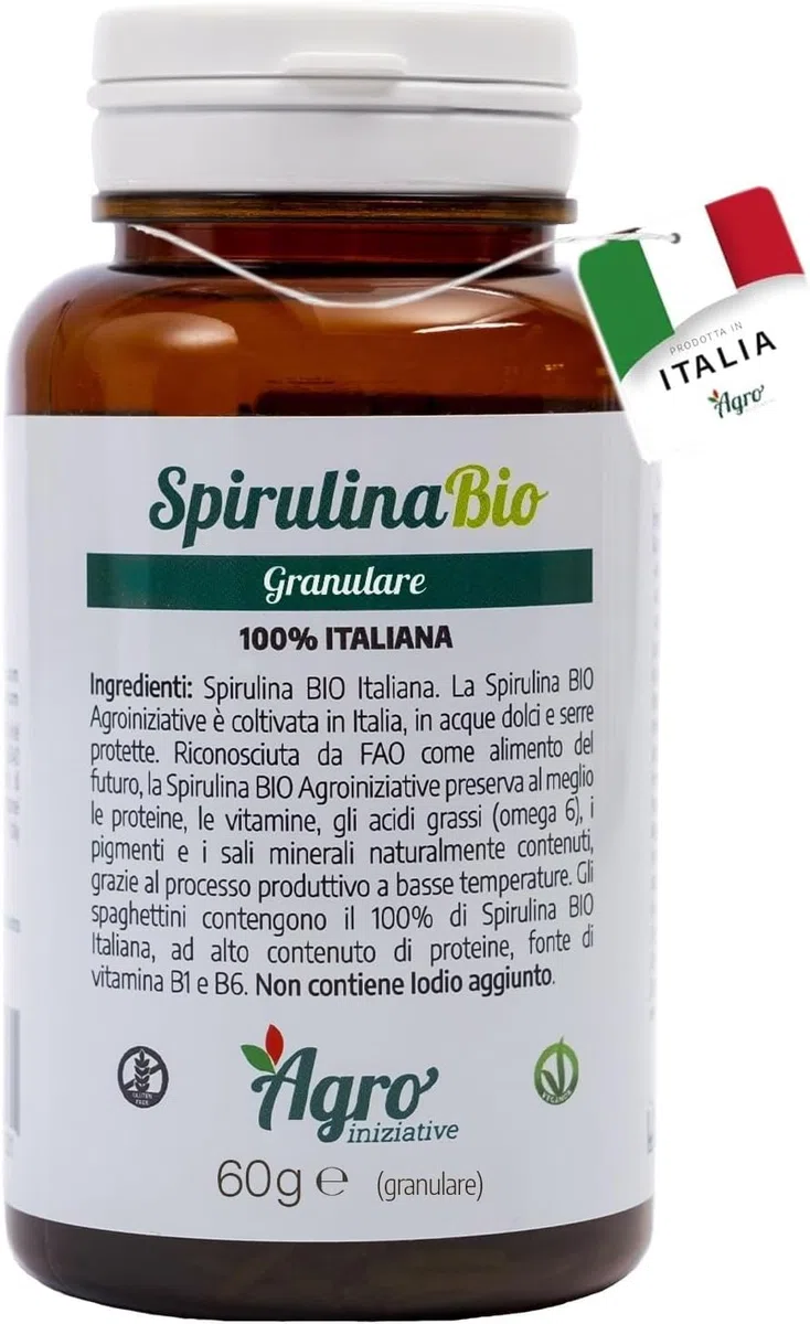 AGROINIZIATIVE - Spirulina Biologica Granulare Naturale Made in Italy, Superfood Ricco di Proteine Ferro e Vitamine, Integratore Vegano Energia, Detox e Benessere