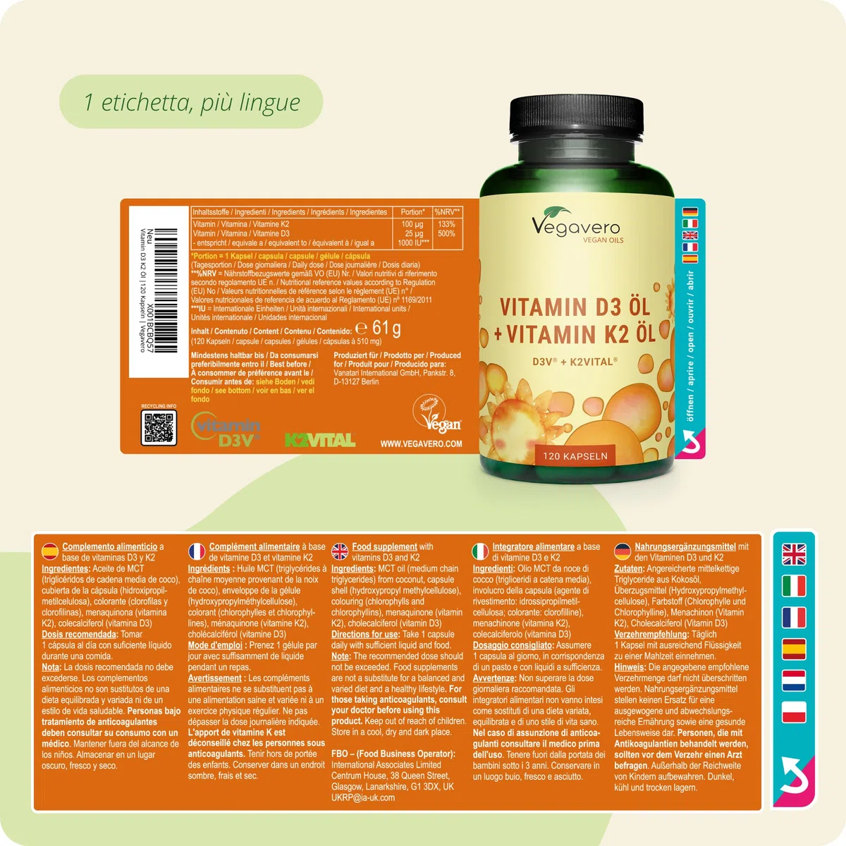 Vitamina D3 + K2 MK7 | VEGAN | Vitamine di Marca dall’Europa | K2 >99% all-trans MK-7 K2VITAL | Alta Biodisponibilità | per Ossa, Denti e Sistema Immunitario | Cruelty Free | Vegavero