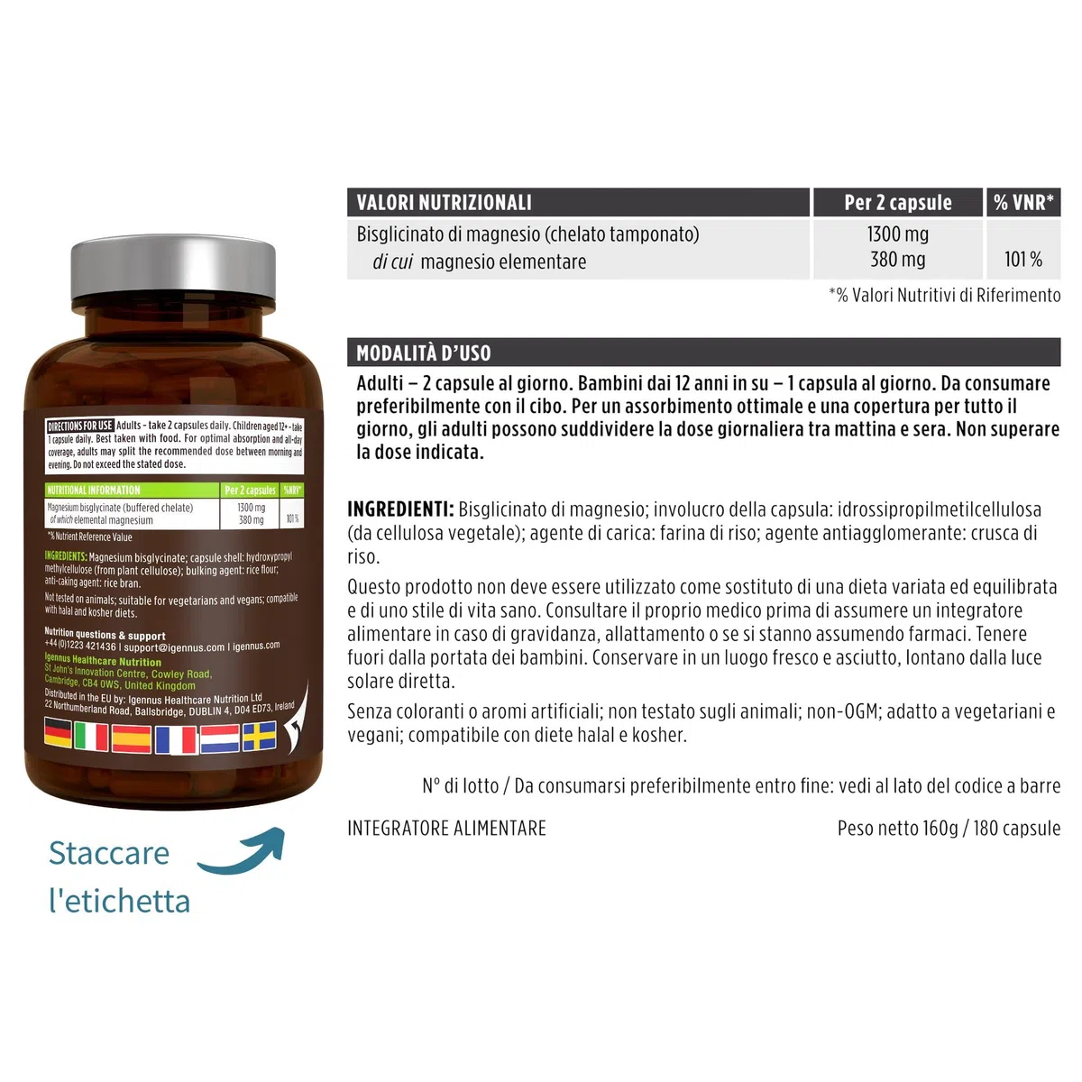 Igennus Magnesio Glicinato Chelato 380mg, 180 Capsule (3 Mesi), Bisglicinato Puro ad Alto Assorbimento, Delicato sullo Stomaco, Supporta Sonno, Muscoli e Sistema Nervoso, Ingredienti Puri e Vegani